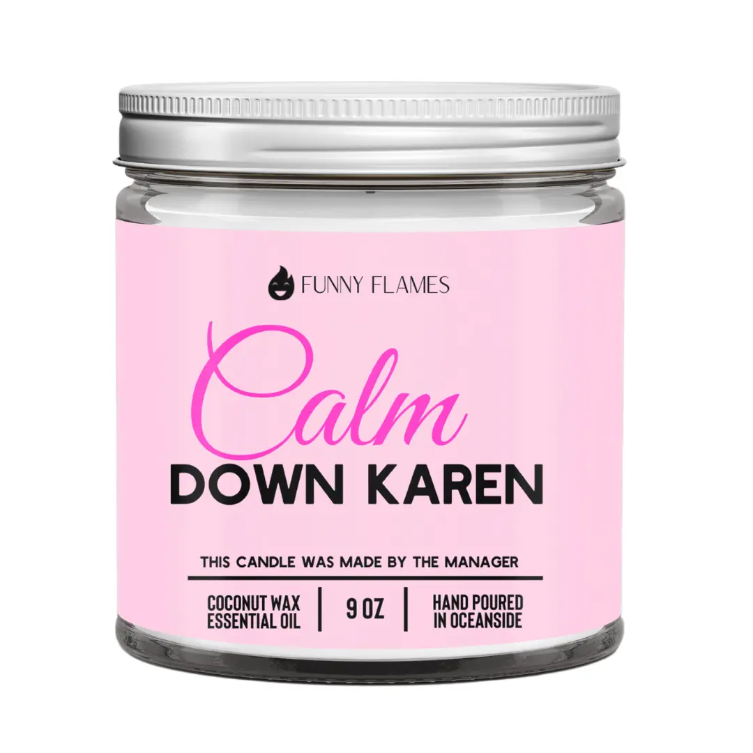 Funny Flames Calm Down Karen Candle - 9 Oz Coconut Wax Scented with Lemongrass Jasmine & Patchouli for Aromatic Relaxation