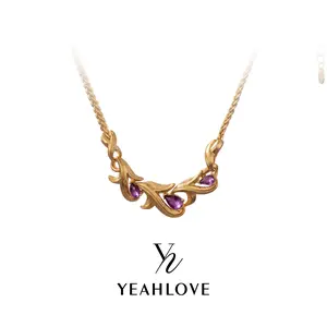 YEAHLOVE Vintage Gold Twisted Vine Amethyst Necklace Teardrop Pendant Elegant Dainty Jewelry for Women Daily Wear Party Timeless Statement Gift for Her