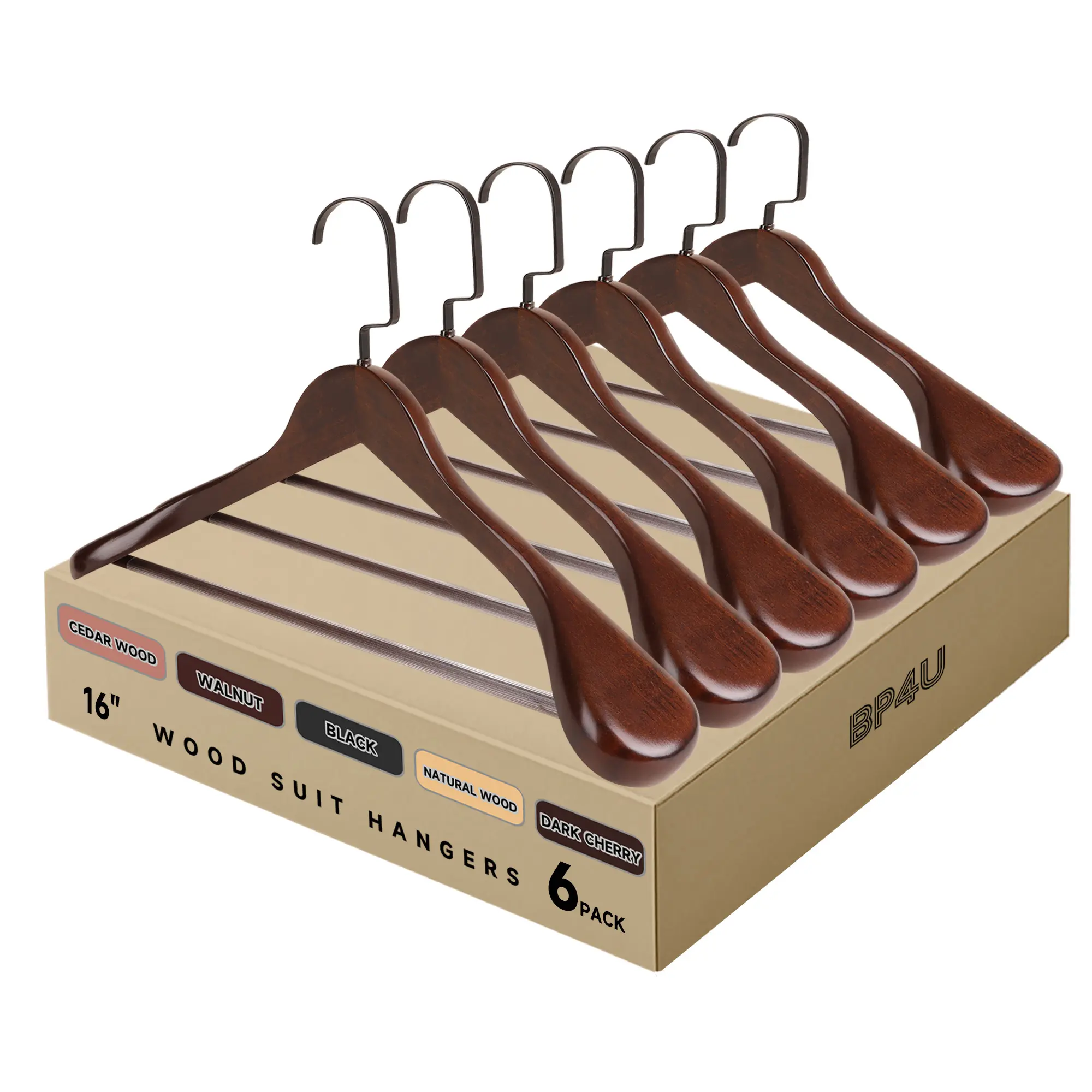 16-Inch Wooden Suit Hangers with Non-Slip Pants Bar, Wood Extra-Wide Shoulder Hangers