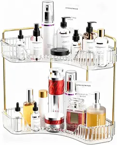 2-Tier Clear Acrylic Cosmetic Organizer with Gold Frame,Space-Saving 90° Corner Storage Rack,2-Tier white Acrylic Corner Organizer,Corner Countertop Storage Organizer kitchen gadget clearance large side pocket