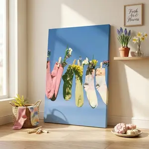 [Sale off up to 40%] [Frame Canvas] Aesthetic Laundry Room Wall Art, Colorful Socks Canvas Print, Botanical Socks Art, Sunny Day Wall Art