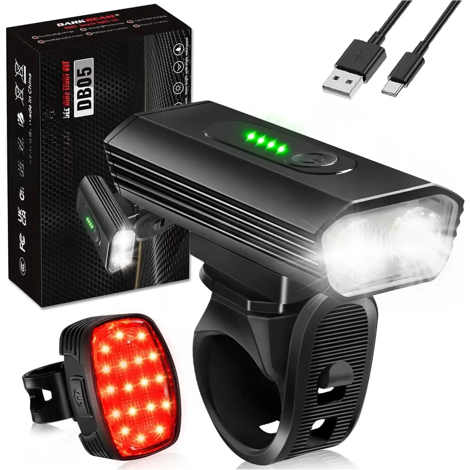 Headlight Rechargeable USB-C, Bicycle Lights 4000LM Ultra Bright, Mountain  Light Set for Night Riding, 6+5 Mode  Front  Light & Rear Light for Road, Cycling