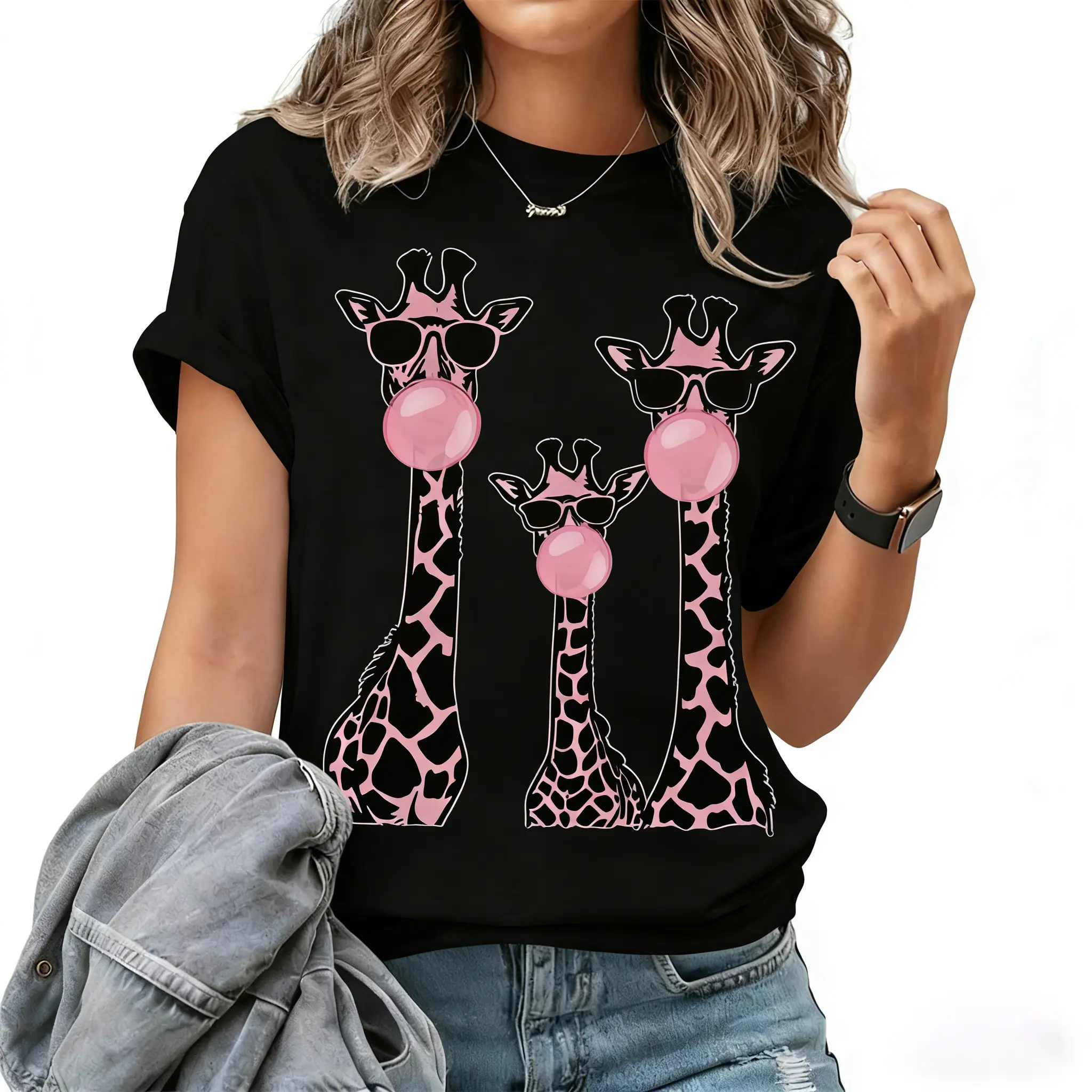 Lady's Soft Short-Sleeve Giraffe Print Round Neck T-Shirt, Casual Top for Daily Summer Outdoor Wear, Tshirt, Shortsleeve, Fabric, Fit, Cotton, Unisex, Style, Women, True-To-Size