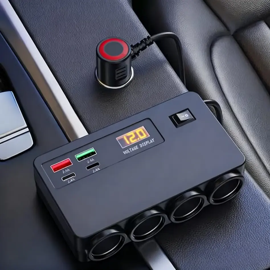 8-in-1 Car Fast Charger, Fastcharging Adapter with 4 AC Outlets (DC 12V/24V), 2 USB-C Ports, 2 USB Ports, 75cm Cable, Smart Plug Distributor, Independent Switch & LED Voltage Display for Multiple Devices