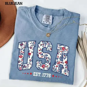 Comfort Colors Floral USA Shirt, Retro Patriotic Graphic Tee, Vintage America 4th Of July Shirt, Soft Cotton Unisex T-Shirt, Oversized Americana Summer Tee For Women