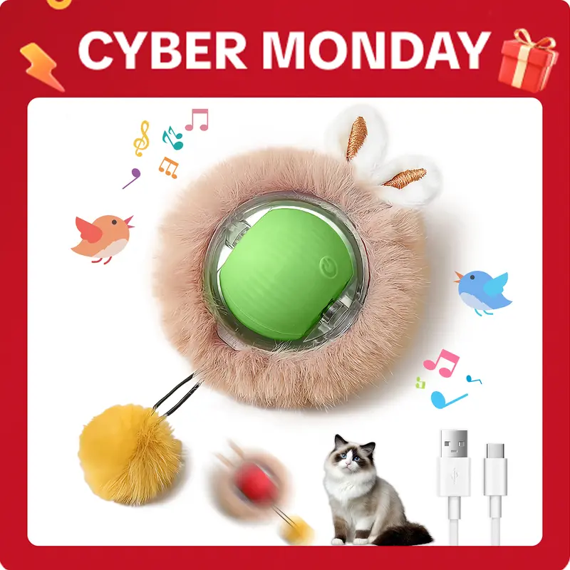 Interactive Electric Plush Cat Toy Ball - Motion-Activated, Automatic Moving, Light-Up LED Lights, Chirping, Fluffy Tail, Bunny Ears, 2 Modes (Fast, Slow), Fast Car-Style Chase Fun for Indoor Cats