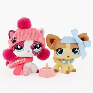 2PCS Cute Mini Pet Figures Set - Pink White Cat & Chihuahua Puppy with Winter Accessories, Collectible Animal Toys for Kids & Display