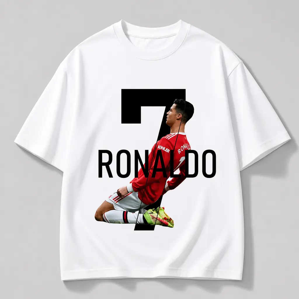 Men's 100% Cotton C Ronaldo Digital Print Short-Sleeve Top - Streetwear, Casual Wear, Young Fans' Outdoor Sports Essential for Spring/Fall/Winter, Perfect Birthday Gift, Ronaldo Patterned