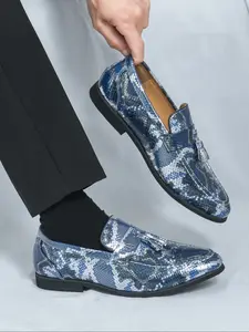 Men's Snake Print Loafers with Fringe Decor, Party Nightclub Style Shoes, Comfortable Casual Footwear for Men, Rubber