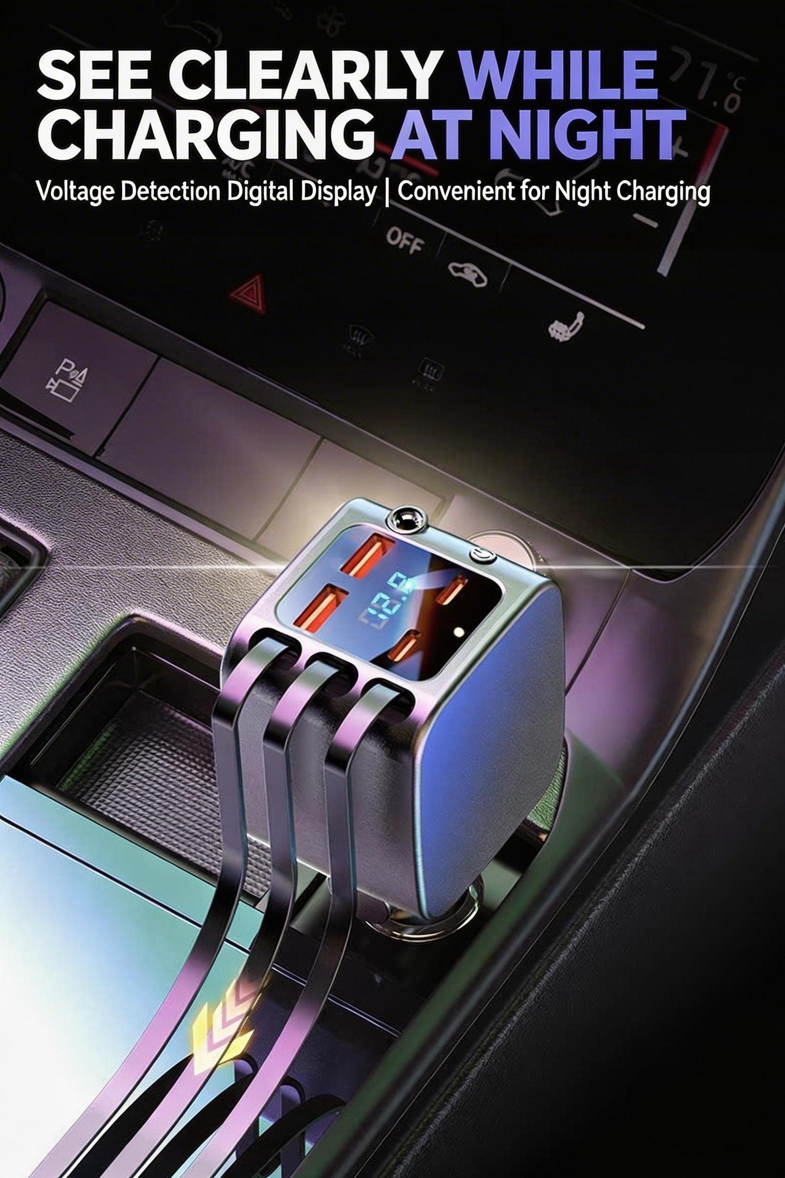 7-in-1 Ultimate Car Charger! Level up yourdrive with 60W Starlight projection, retractablecables for zero mess, and 3.1A fast charging.Real-time voltage monitoring keeps your ridesafe. Must-have car gadget for 2026