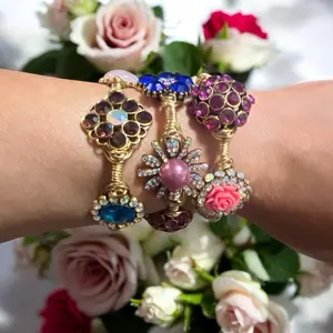 Glamour Girl Bangle - Elegant Gold Tone Bracelet with Pink Rhinestones and Pearl Accent for Women