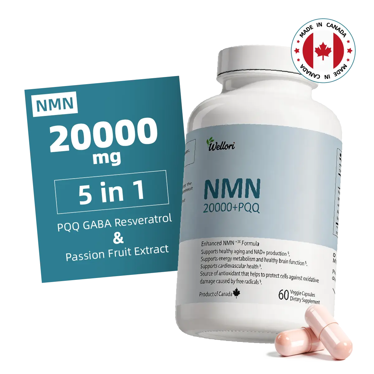 Kardashian's Anti-Aging Secret: Wellori NMN 20000+PQQ suplement, Pure NMN, Zero Filler, Support Resveratrol, GABA, PQQ, Passion Fruit Extract, 60Capsules Healthcare Dietary Supplement Edible Edible Edible Fitness Fitness Vitamin Vitamin