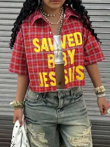 Women's Plaid Shirt Blouse with Letter Design, Loose Fit, Classic Plaid Element, Sweet Cool Street Style, Vintage Trend, Must-Have Spring Item, Top
