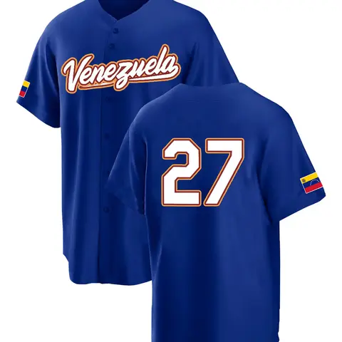 Men's No.27 Venezuela Flag Color Block Embroidered Baseball Jersey, Classic Retro Letter Embroidery, Breathable Sportswear, Short Sleeve T-Shirt, Casual Sporty Top, Workout Top, Athletic Top, Sports Clothes