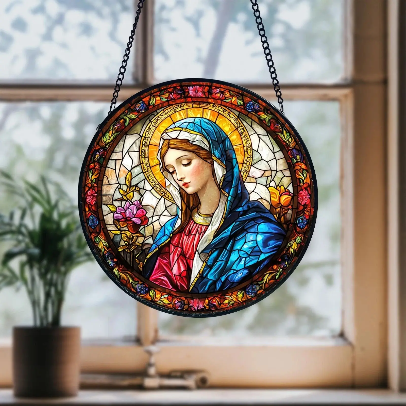 Virgin Mary Stained Acrylic Suncatcher Christian Home Decor Window Hanging Gift