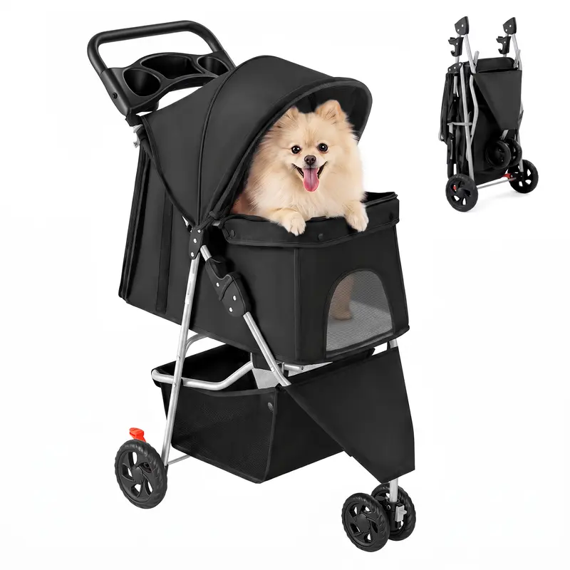 Sweetcrispy Foldable 3-Wheel Pet Stroller, with Breathable Mesh, 360° Swivel Wheels, Storage Basket & Cup Holder, Lightweight Travel Cat Pram for Small Medium Dogs Cats, Daily Walk