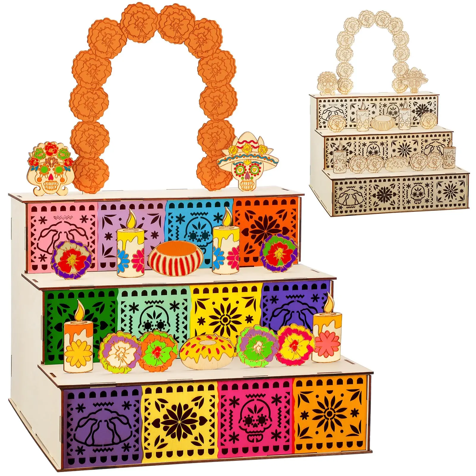 Dia De Los Muertos Ofrenda Altar Decorations Set - Wooden Shadow Box with Marigold Garland, Papel Picado Banner, Lighted Frames, Butterfly Motif, Gifts for Home Party Memorial Event, Multiple Sets Available