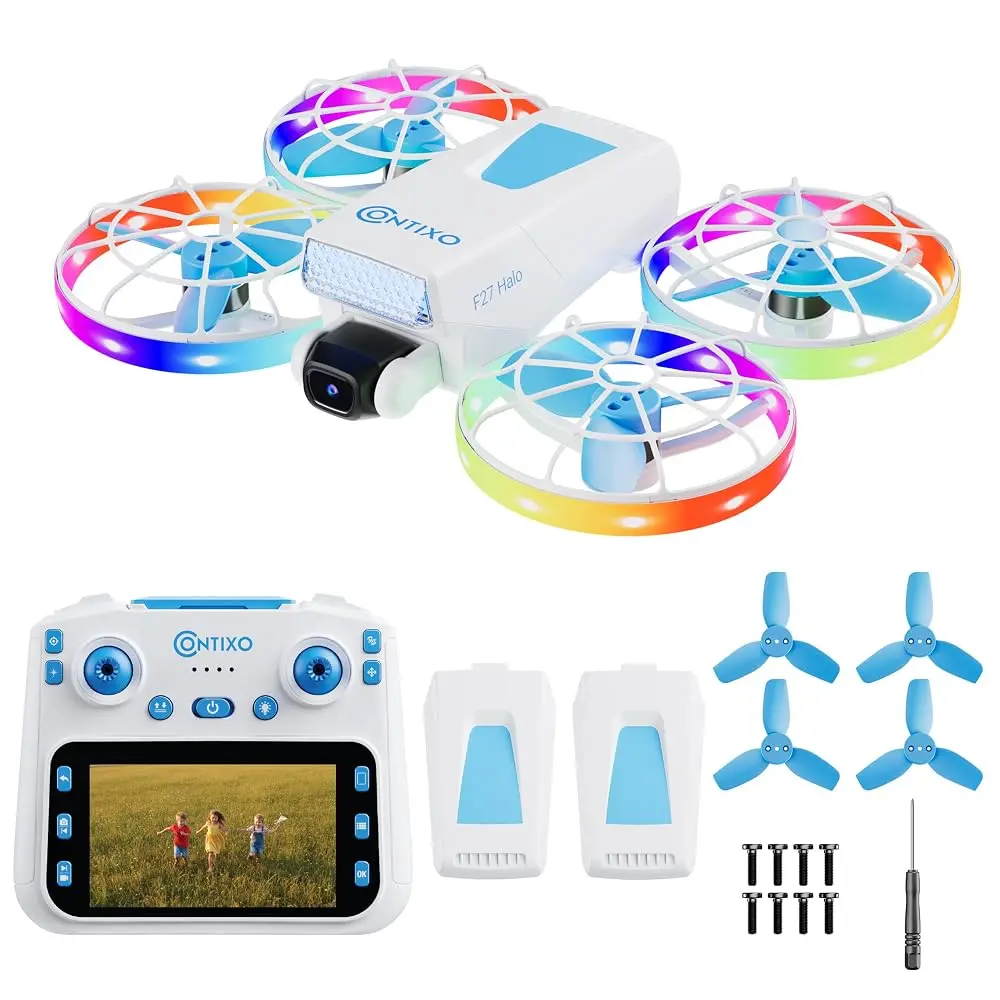 Contixo F27 Halo Mini Foldable Drone with 4.3" Screen Remote, 720P HD Dual Camera, LED Lights, Optical Flow Hover, 360° Stunts, 350ft Range