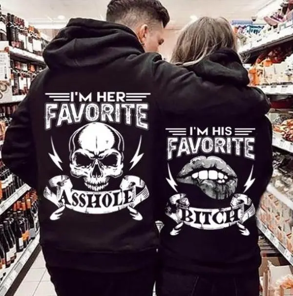 Matching Couple Hoodie I Am Her Favorite Ass hole, I Am His Favorite Bitch Graphic Hoodie Casual Streetwear Fleece Fabric Pullover Hooded Sweatshirt Trendy Halloween Tops Collection for Women for Men, Perfect Gift