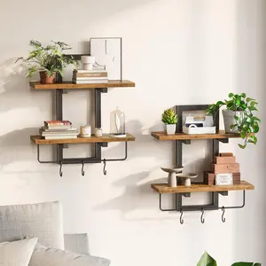 Wall-mounted floating shelf, 2-piece set, wooden wall shelf with 6 hooks, 2-tier hanging decorative storage rack, suitable for living room, bedroom, bathroom, kitchen, office, coffee bar, vintage brown