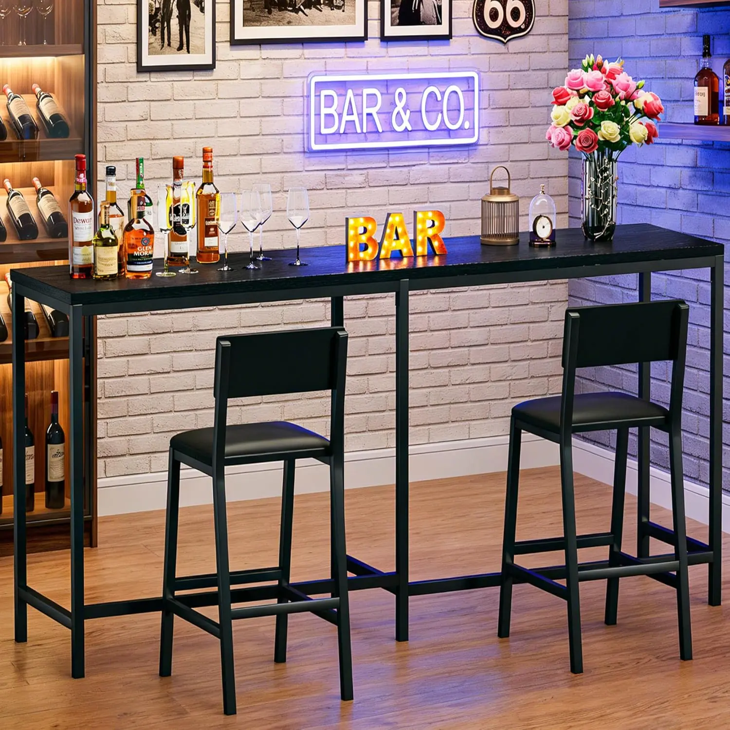 Bar Table and Chairs Set, 3 Piece Convertible L-Shaped Kitchen Table with 2 PU Leather Bar Stools, 63‘’ Counter Height Small Dining Table with Power Outlets, Space Saving, Breakfast Nook Corner, Black