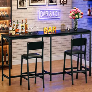 Bar Table and Chairs Set, 3 Piece Convertible L-Shaped Kitchen Table with 2 PU Leather Bar Stools, 63‘’ Counter Height Small Dining Table with Power Outlets, Space Saving, Breakfast Nook Corner, Black