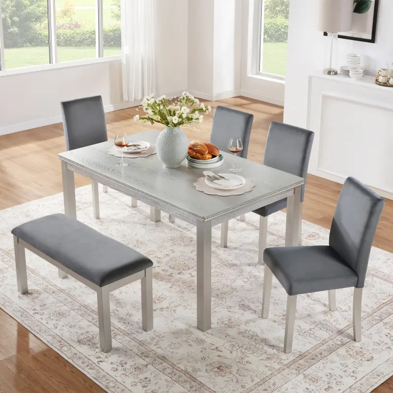 Silver grey + 6 Piece Wooden Dining Tabl