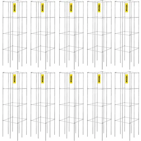 VEVOR 10-Pack Square Foldable Tomato Cages (11.8"x11.8"x46.1"/117cm), Silver PVC-Coated Metal Trellis, Vertical Planter Tower, Ground Stake/Plant Trellis Netting Compatible, 1/4 Width Foldable, Outdoor Climbing Plant Supports for Home Roof Gardens