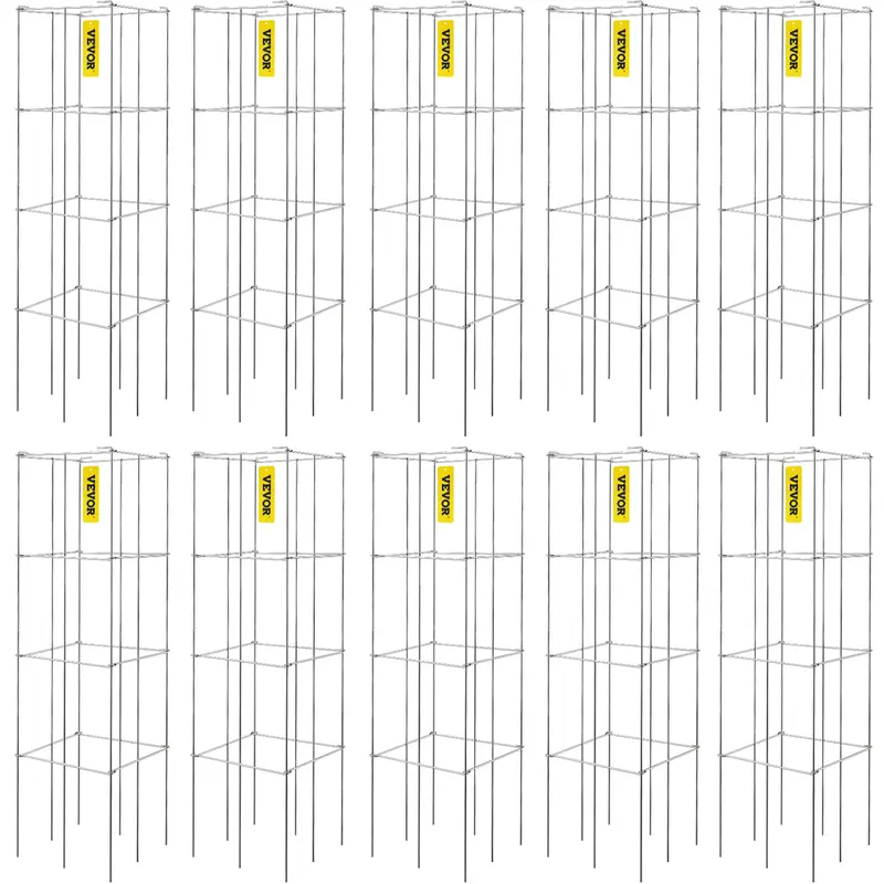 VEVOR 10-Pack Square Foldable Tomato Cages (11.8"x11.8"x46.1"/117cm), Silver PVC-Coated Metal Trellis, Vertical Planter Tower, Ground Stake/Plant Trellis Netting Compatible, 1/4 Width Foldable, Outdoor Climbing Plant Supports for Home Roof Gardens