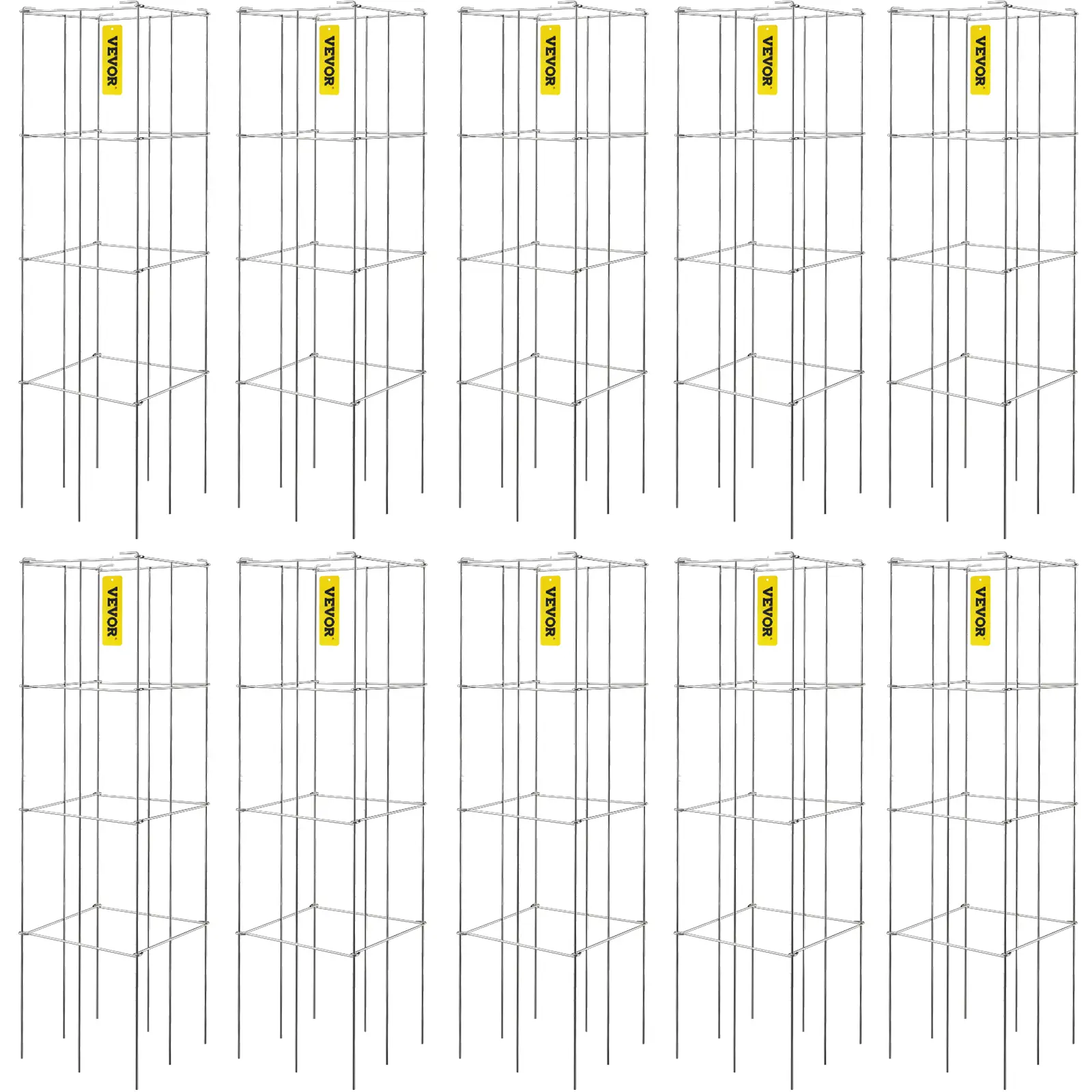 VEVOR Tomato Cages, 11.8\" x 11.8\" x 46.1\", 10 Packs Square Plant Support Cages, Silver PVC-Coated Steel Tomato Towers for Climbing Vegetables, Plan