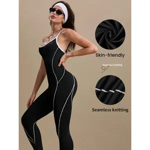 Women's Colorblock U Neck Adjustable Strap High Elastic Yoga Jumpsuit, Sporty Sleeveless Fitness, All Season Comfortable Wear, Workout Jumpsuit, Tummy Control Jumpsuit, Sporty Comfy Jumpsuit