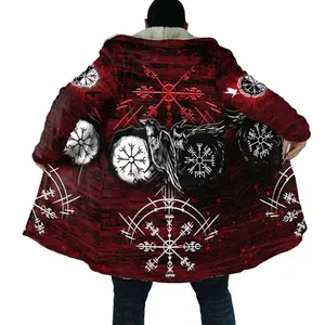 Autumn and Winter Cape Men's Fleece 3D Viking Tattoo Hooded Long Sweater