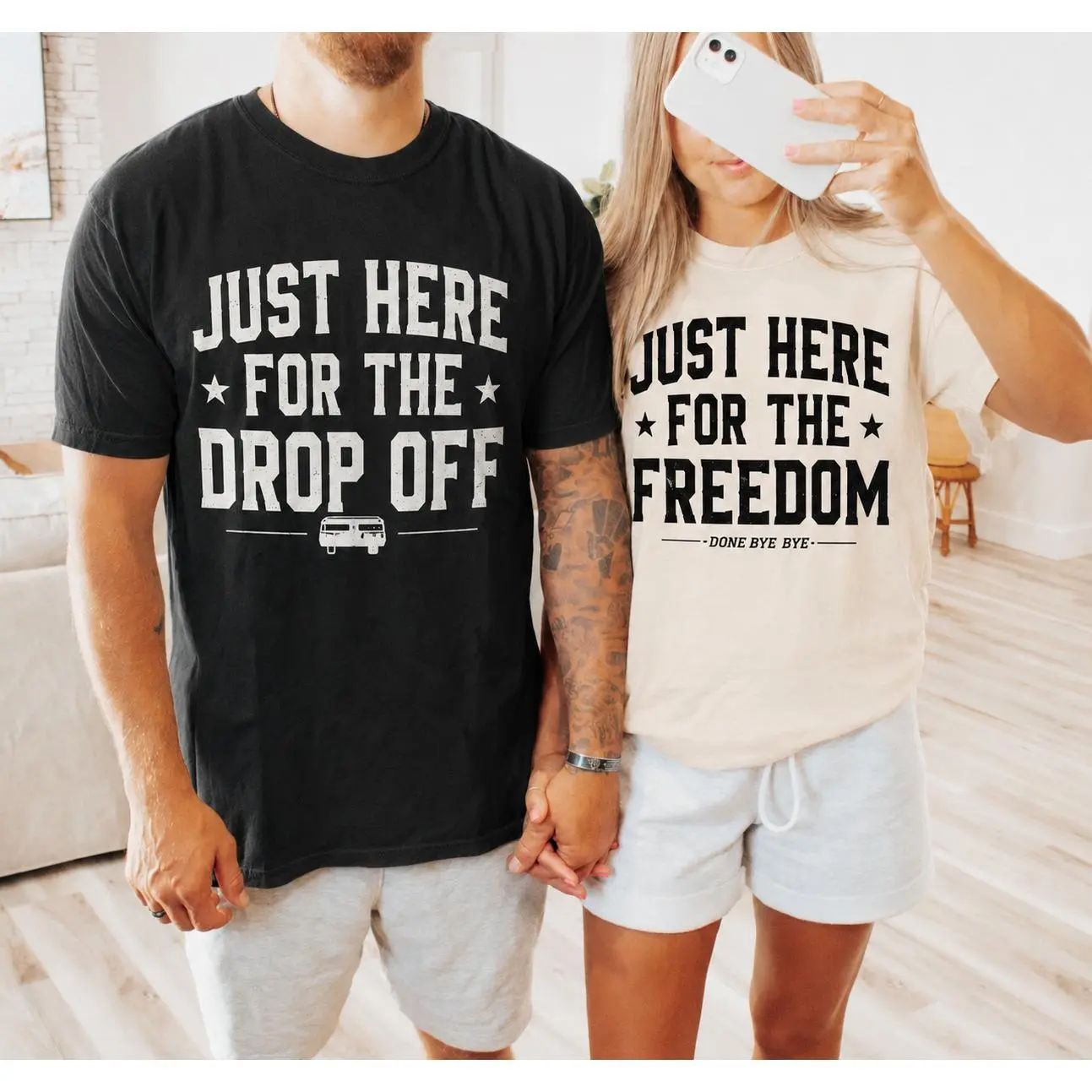 Just Here for the Drop Off and Just Here for the Freedom Matching Couple Shirts, Funny Back to School Mom and Dad Tees, School Drop Off Outfit, Parent Gift