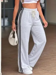 High-waisted drawstring wide-leg pants with side stripes — drapey, slimming casual athletic sweatpants; comfortable, versatile straight-leg long pants