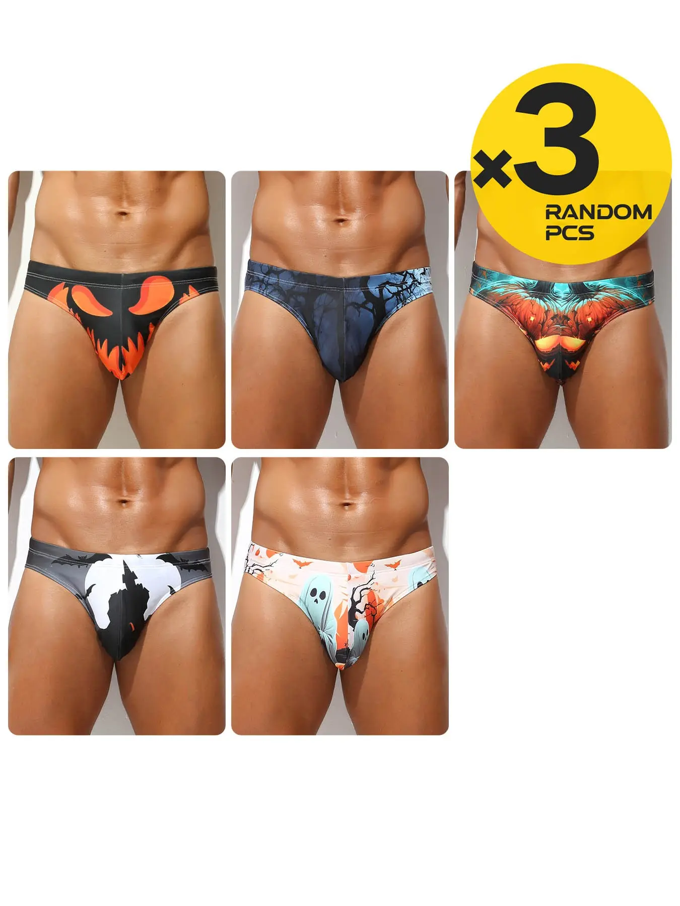 2/3/4Pcs Random Color Men's Active Triangle Swimming Trunks, Festival Printed With Drawstring, Slim Fit Comfortable For Beach Outdoor Party