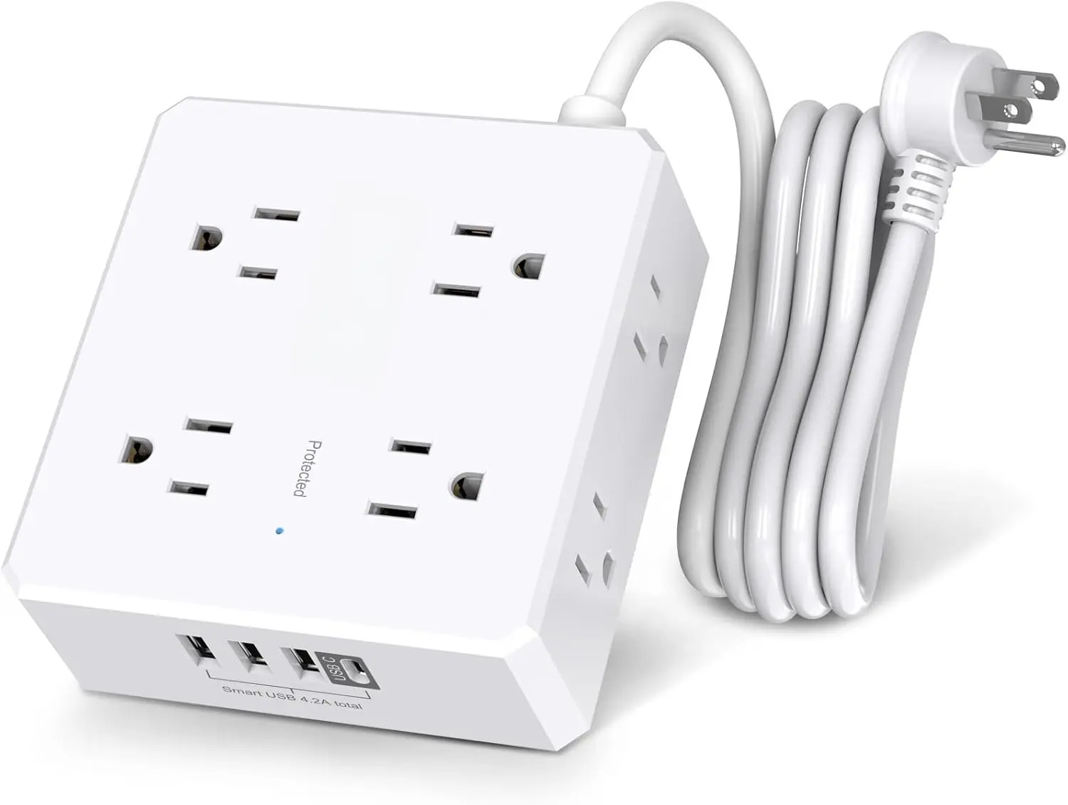 ETL Listed Surge Protector Power Strip - 6 Right Angled Flat Plug Extension Cord, 3 Side Design, 8 Outlets, 4 USB Ports (1 USB C), 120v to 240v, for Home Office & College Dorm Room, White