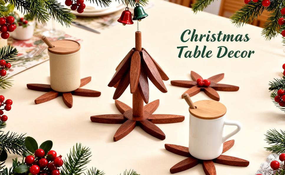 4Pcs Walnut Wood Tree Trivets with Stand Foldable Christmas Tree Design Heat Resistant Hot Pot Holders for Kitchen Dining Table Countertop Protection
