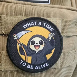 what a time to be alive cute anime style grim reaper meme 3" circle morale patch with hook and loop backing