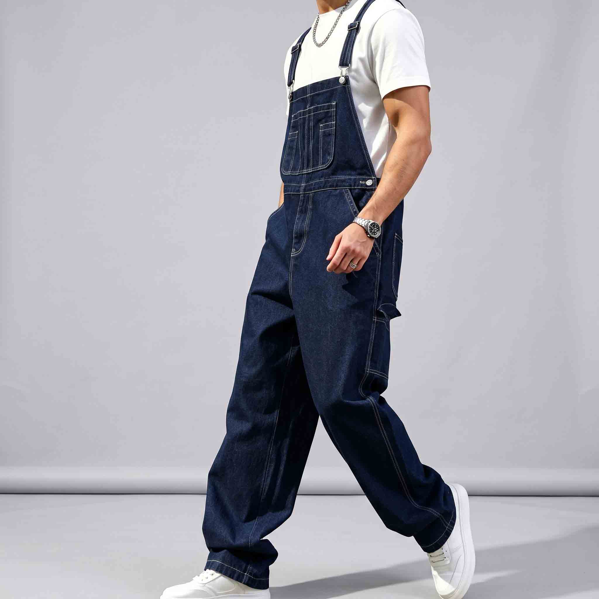 Men's Denim Cargo Overalls - Simple Vintage Fit Casual Wear Clothes, Loose Wide-Leg Multi-Pocket Bib Jumpsuit with Adjustable Straps