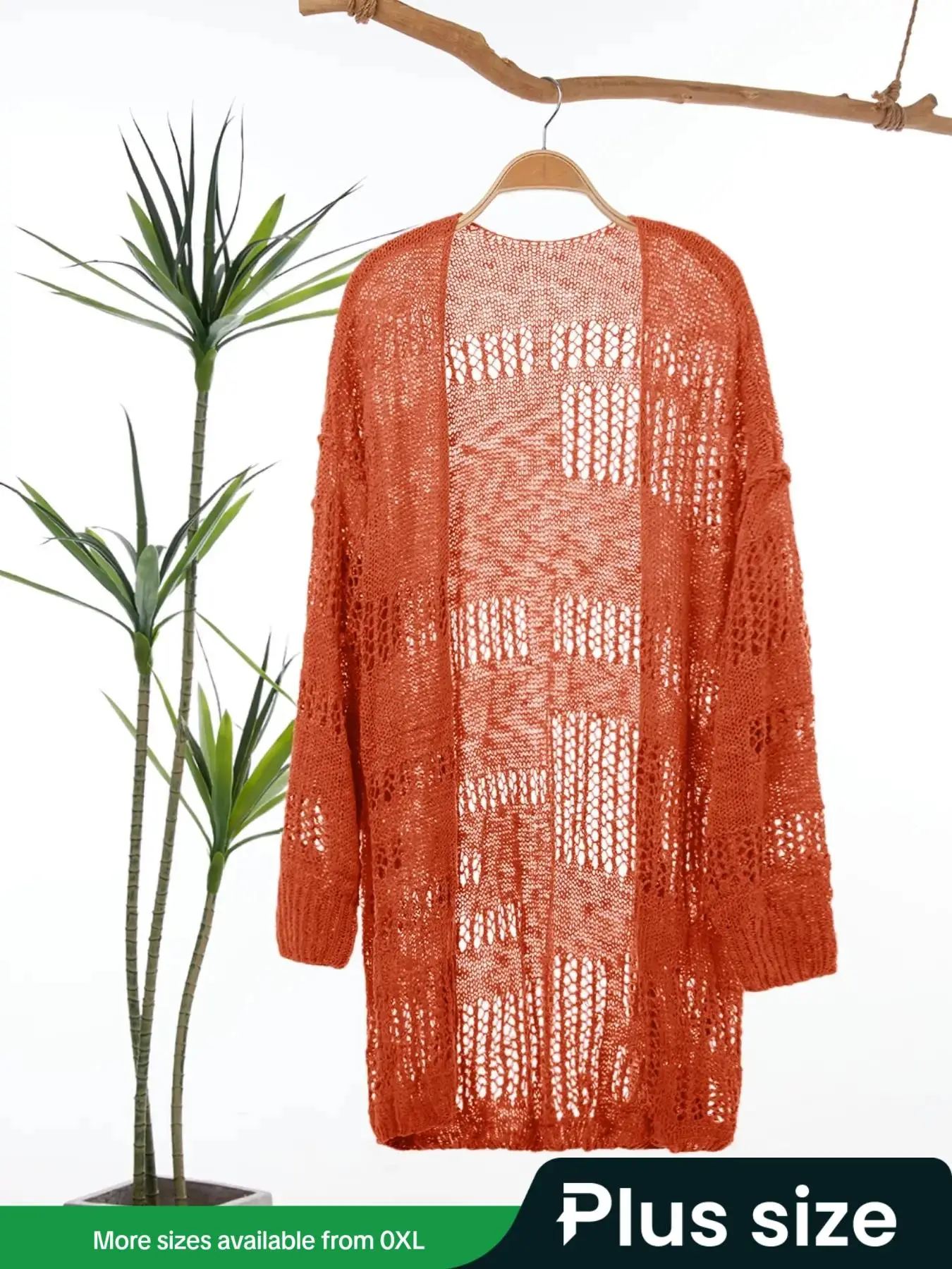 【Plus Size】 Solid Drop Shoulder Long Sleeve Open Front Cardigan, Comfy Clothes for Women, Gift Set for Women, Basic Minimalist Casual Hollow Out Knitw