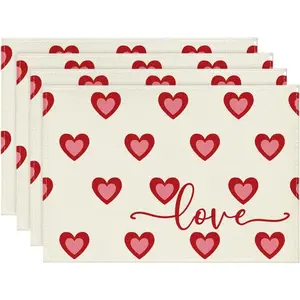 Love Heart Beige Valentine Placemats Set of 4, 12x18 Inch Wedding Anniversary Table Mats for Party Kitchen Dining Decoration