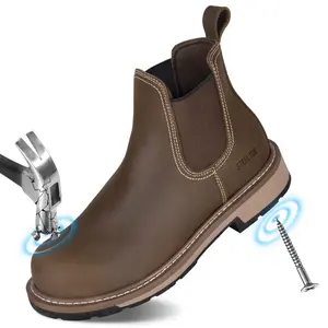 Slip-On Work Boots for Men, Steel Toe Puncture-Proof with EVA Mid-Sole, Full Grain Leather Non-Slip Chelsea Safety Shoes, Comfortable and Ideal for Industrial Construction (Size 7-14)