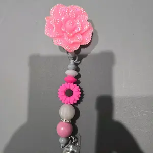 Badge Reel for ID and Keys with Pink Flower and Beads Design