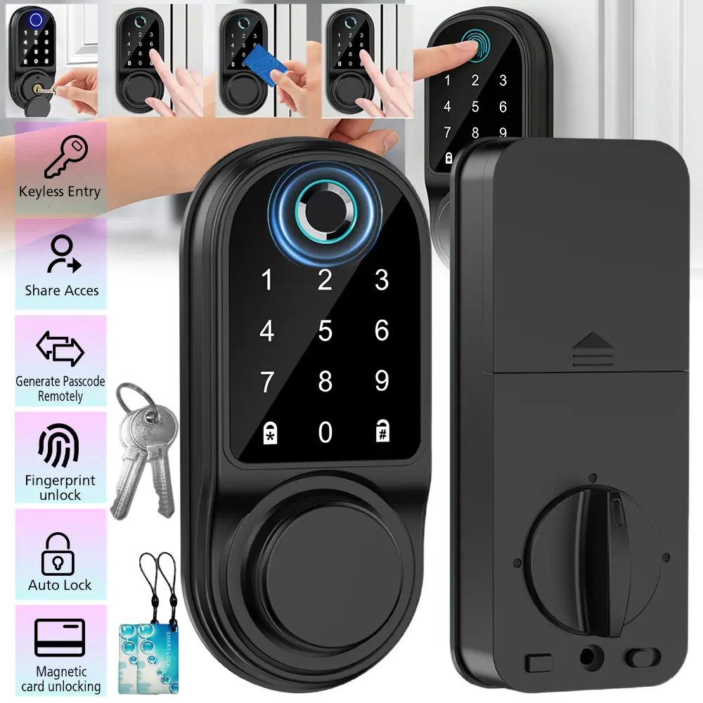 【Summerfinds】Smart Lock Door Handle with Semiconductor Fingerprint Keypad, 5 Unlock Modes, Anti-Peep Virtual Password, Tuya APP Remote Management, Keyless Entry Smart Door Lock