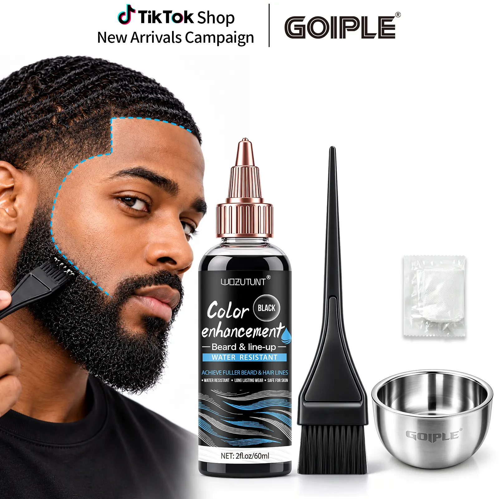 Black Beard & Hairline Color Enhancement Kit, Pre-Mixed Beard Filler for Fuller-Looking Beards, Sharper Hairlines & Defined Line-Ups, 60ml with Brush, Bowl & Gloves