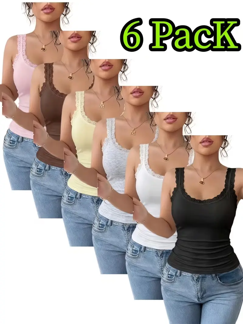 6pcs Lace Stitching Elegant Multi-Color Group Camisole Basic Versatile Casual Vest Folding Wear Preferred