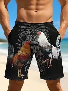 Men's rooster print summer comfortable street style shorts, suitable for outdoor sports, beach vacations and casual wear.