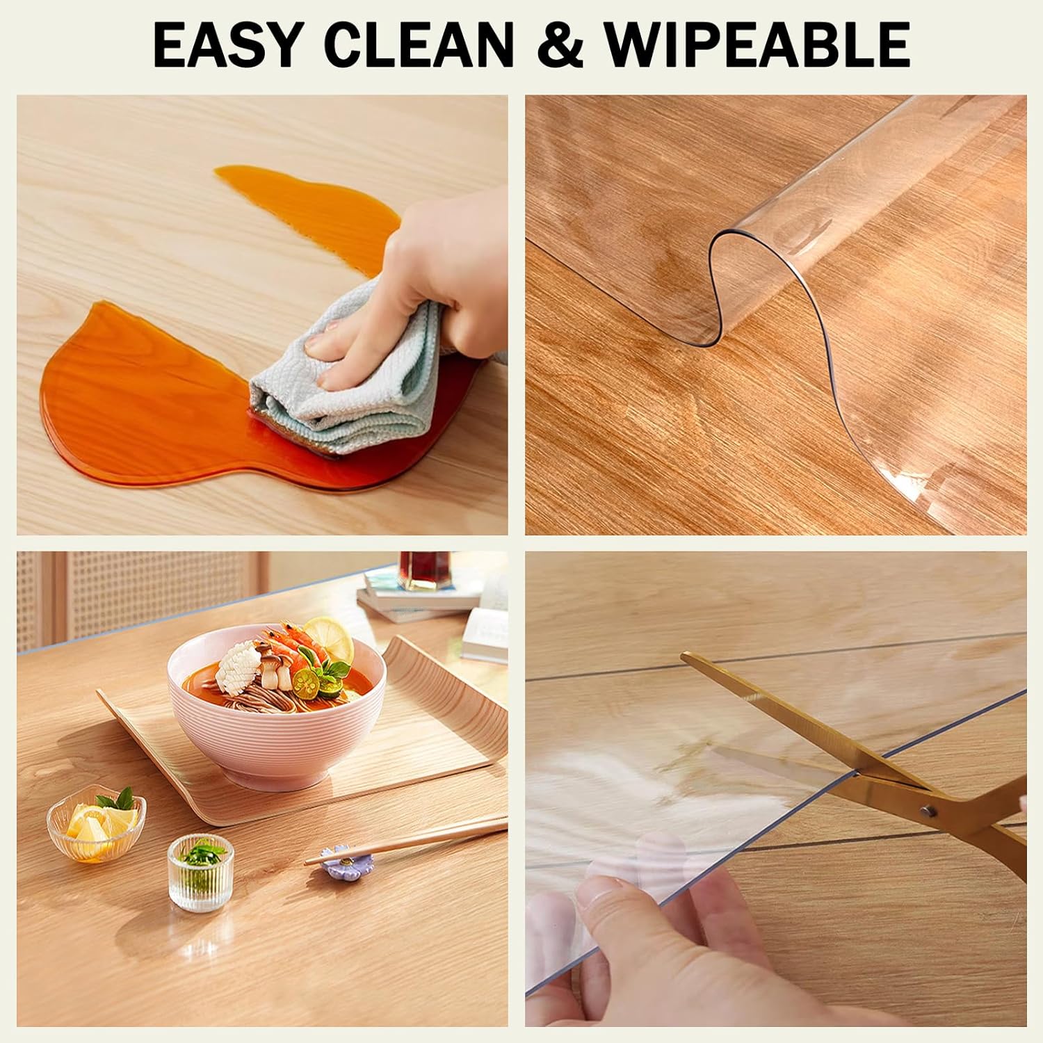 Transparent crystal white PVC tablecloth, 1.5 mm thick, highly flexible, waterproof, oil-proof, heat-resistant, stain-resistant, tear-resistant, durable, non-fading, suitable for dressing tables, countertops, bedside tables, and dining tables