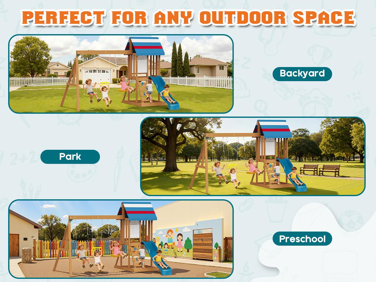 ALBOTT 3 Different Size Wooden Swing Set for Kids, Large Outdoor Wood Playhouse with Double Towers, Wave Slides, Swings, Climbing Wall & Ladder, Backyard Playground for Ages 3–8