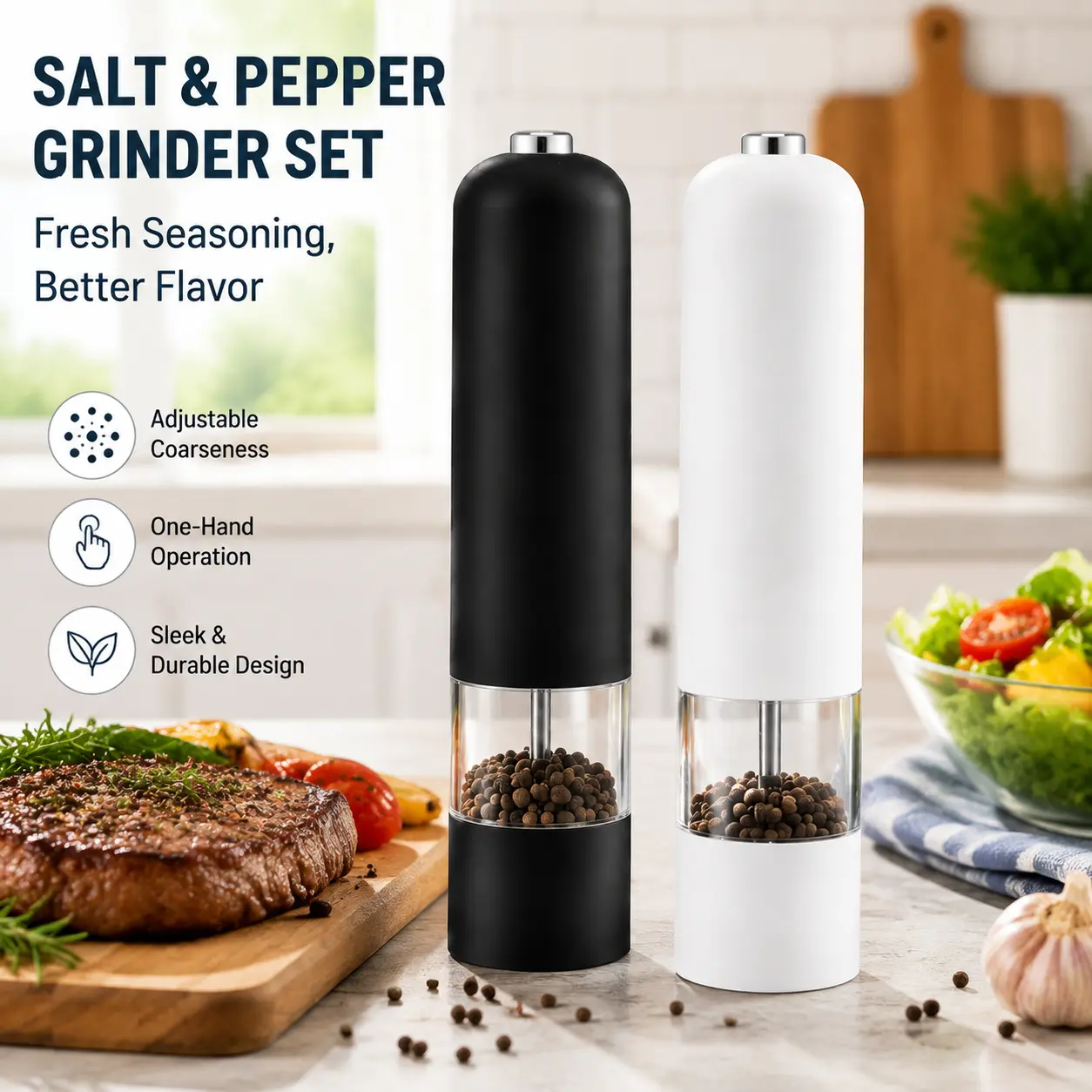 Salt & Pepper Grinder Set - Kitchen Seasoning Utensil with Adjustable Coarseness, 1-Hand Operation, Sleek Design for Fresh Seasoning & Better Flavor